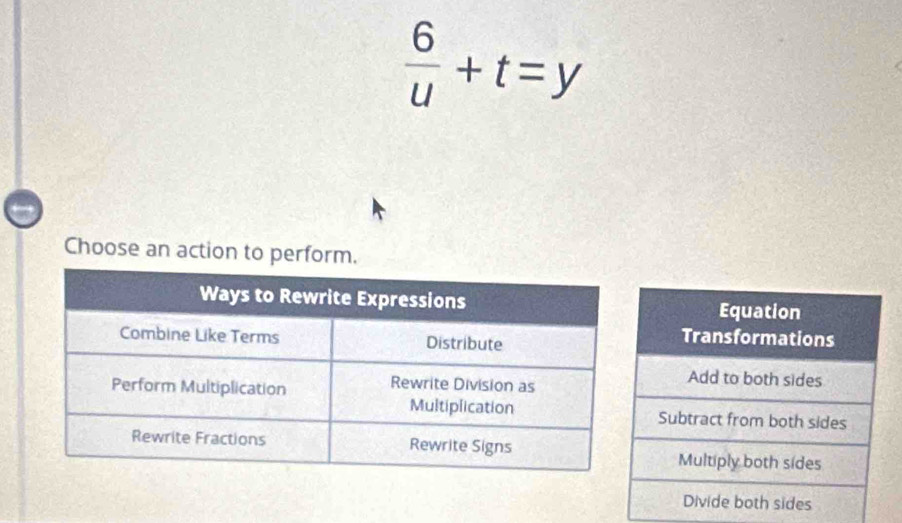  6/u +t=y
Choose an action to perform.