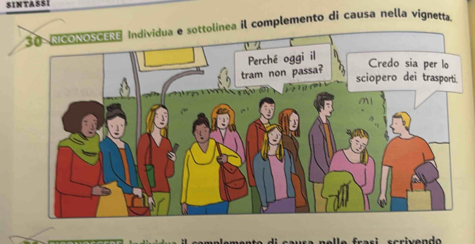 SINTASSI 
inea il complemento di causa nella vignetta. 
frasi scrivend