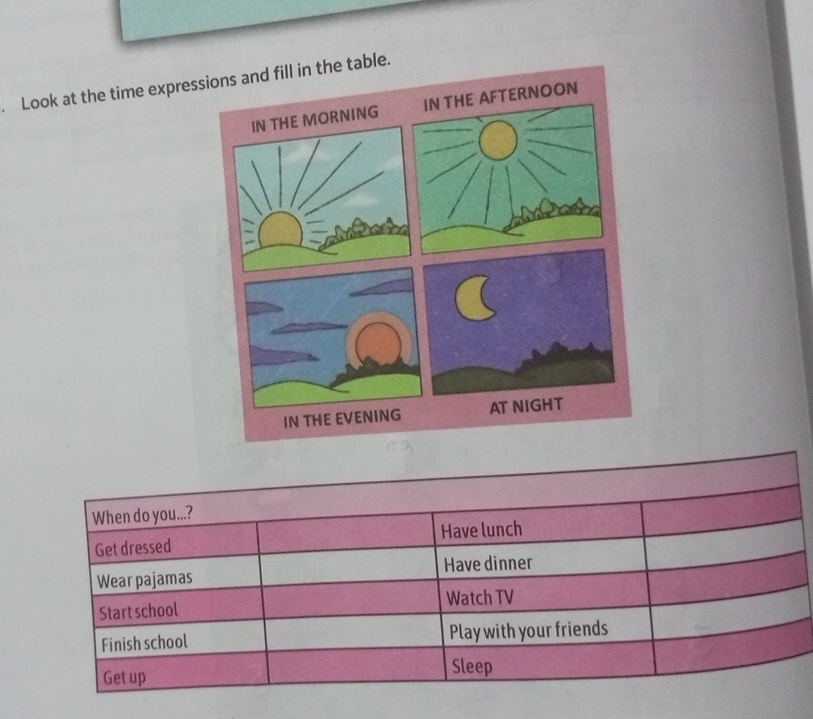 Look at the time expressions and fill in the table. 
When do you...? 
Get dressed Have lunch 
Wear pajamas Have dinner 
Start school Watch TV 
Finish school Play with your friends 
Get up Sleep