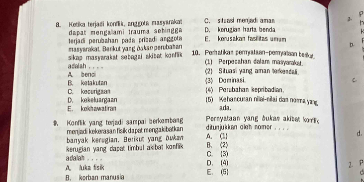 Ketika terjadi konflik, anggota masyarakat C. situasi menjadi aman a. P
h
dapat mengalami trauma sehingga D. kerugian harta benda

terjadi perubahan pada pribadi anggota E. kerusakan fasilitas umum
masyarakat. Berikut yang bukan perubahan
b.
sikap masyarakat sebagai akibat konflik 10. Perhatikan pernyataan-pernyataan berikut
adalah , , , ,
(1) Perpecahan dalam masyarakat.
A. benci (2) Situasi yang aman terkendali.
B. ketakutan (3) Dominasi. C.
C. kecurigaan (4) Perubahan kepribadian.
D. kekeluargaan (5) Kehancuran nilai-nilai dan norma yang
E. kekhawatiran ada.
Pernyataan yang bukan akibat konflik
9. Konflik yang terjadi sampai berkembang ditunjukkan oleh nomor . . . .
menjadi kekerasan fisik dapat mengakibatkan
banyak kerugian. Berikut yang bukan A. (1) d.
kerugian yang dapat timbul akibat konflik B. (2)
adalah . . . . C. (3)
D. (4) 2. P
A. luka fisik E. (5)
B. korban manusia d