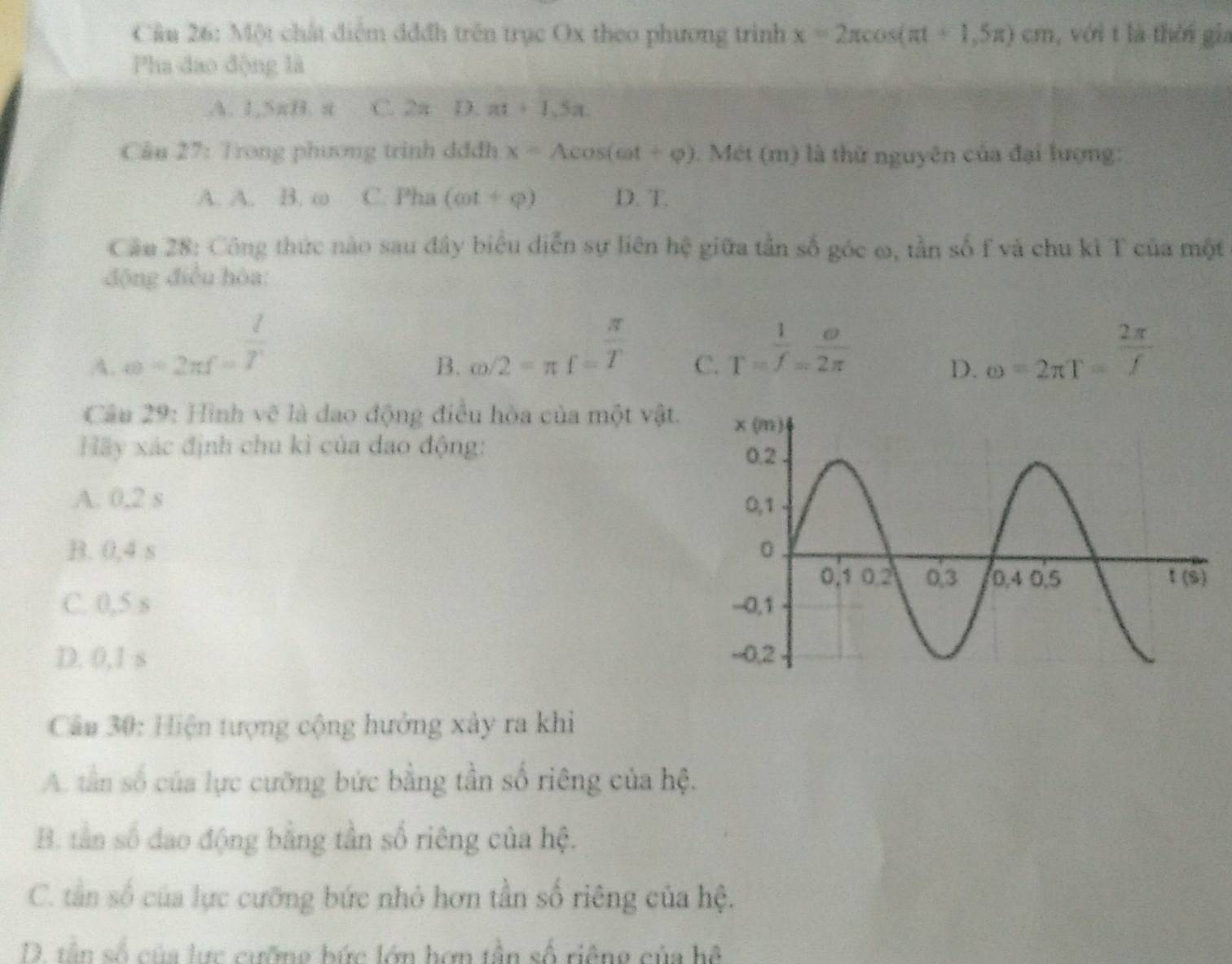 Một chất điểm đđđh trên trục Ox theo phương trình x=2π cos (π t+1,5π )cm , với t là thời gia
Pha dao động là
A. 1,5π B, π C. 2π D. π +1.5x
Câu 27: Trong phương trinh dđđh x=Acos (omega t+varphi ). Mét (m) là thử nguyên của đại lượng:
A. A. B. ∞ C. Pha (cot +phi ) D. T.
Cầu 28: Công thức nào sau đây biểu diễn sự liên hệ giữa tần số góc ω, tần số f và chu kì T của một
động điều hòa:
B. omega /2=π f=overline T
C. T= 1/f = sigma /2π  
A. e=2π f= l/T  omega =2π T= 2π /f 
D.
Câu 29: Hình vẽ là dao động điều hòa của một vật. 
Hãy xác định chu kì của dao động:
A. 0,2 s
B. 0,4 s
C. 0,5 s
D. 0,1 s
Câu 30: Hiện tượng cộng hưởng xảy ra khi
A. tần số của lực cưỡng bức bằng tần số riêng của hệ.
B. tần số dao động bằng tần số riêng của hệ.
C. tần số của lực cưỡng bức nhỏ hơn tần số riêng của hệ.
D. tần số của lực cường bức lớn hơn tần số riêng của hệ