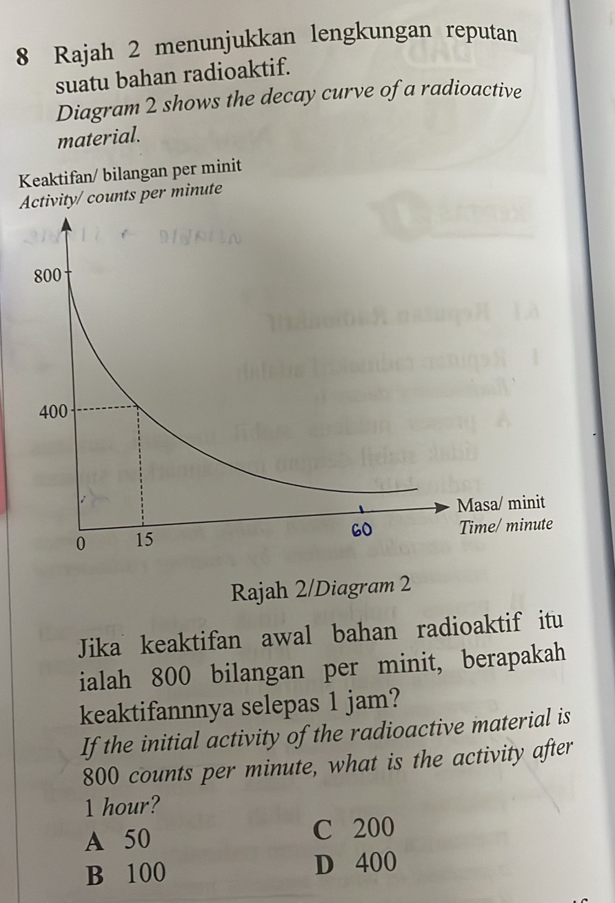 Rajah 2 menunjukkan lengkungan reputan
suatu bahan radioaktif.
Diagram 2 shows the decay curve of a radioactive
material.
Keaktifan/ bilangan per minit
Activity/ counts per minute
Rajah 2/Diagram 2
Jika keaktifan awal bahan radioaktif itu
ialah 800 bilangan per minit, berapakah
keaktifannnya selepas 1 jam?
If the initial activity of the radioactive material is
800 counts per minute, what is the activity after
1 hour?
A 50 C 200
B 100 D 400