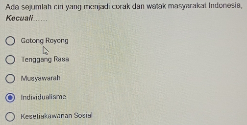 Ada sejumlah ciri yang menjadi corak dan watak masyarakat Indonesia,
Kecuali
Gotong Royong
Tenggang Rasa
Musyawarah
Individualisme
Kesetiakawanan Sosial