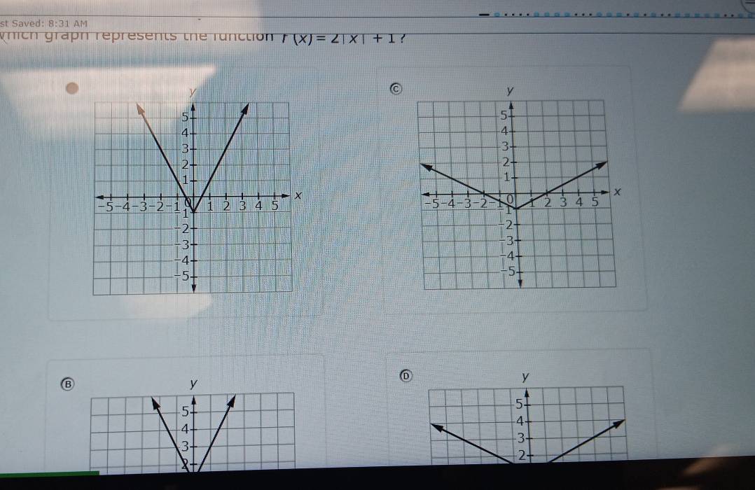 st Saved: 8:31 AM 
nich graph represents the runction r(x)=2|x|+1

y
5
4
3
2