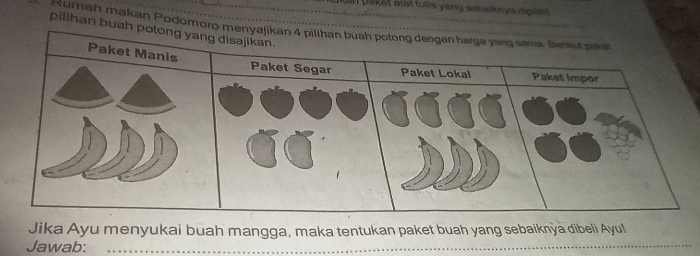 an paket alat tulis yang sebalknya diplnt 
Rumah makan Podomoro men 
pilihan buah p
Jika Ayu menyukai buah mangga, maka tentukan paket buah yang sebaiknya dibeli Ayu! 
Jawab:_