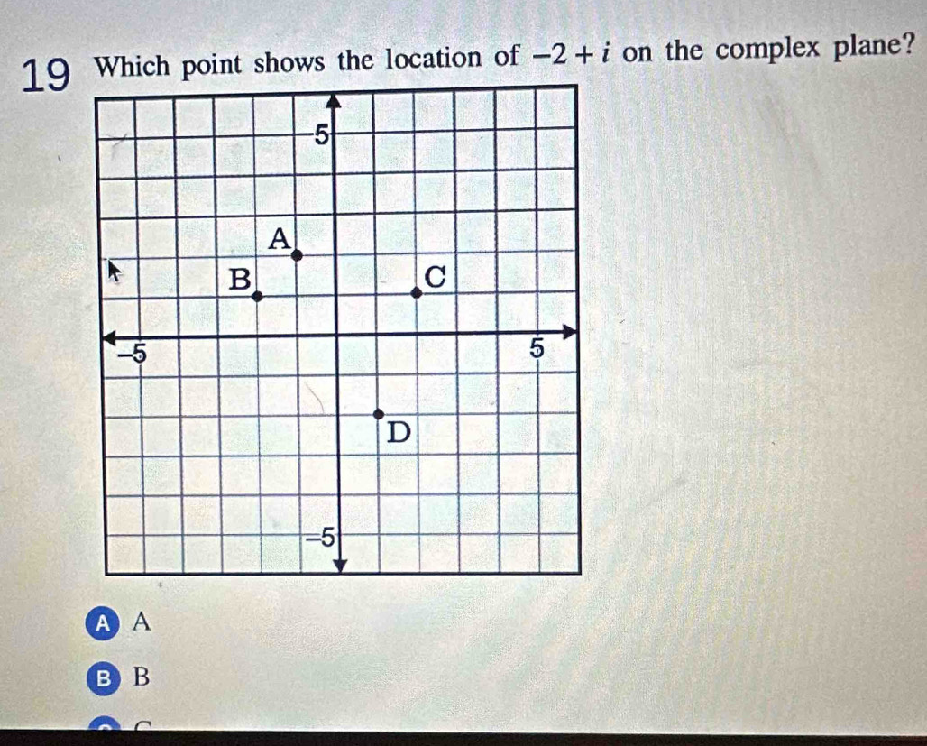 Which point shows the location of -2+i on the complex plane? 
A A 
B B