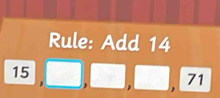 Rule: Add 14
15 | 1:1 □  □ 71