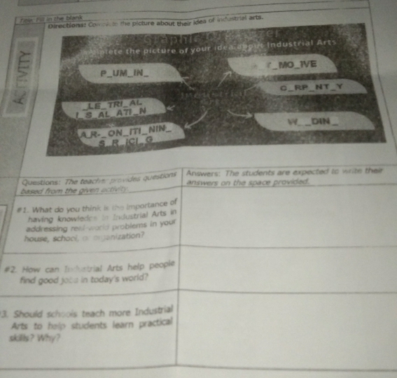 Fice. Fill in the blank 
Directions: Comovle the picture about their idea of industrial arts. 
#2 
3. 
s