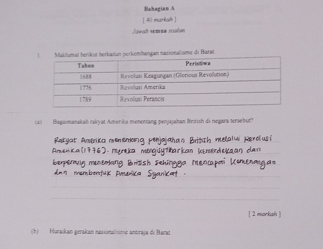 Bahagian A 
[ 40 markah ] 
Jawab semua soalan 
ma berikut berkaitan perkembangan nasionalisme di Barat 
(a) Bagaimanakah rakyat Amerika menentang penjajahan British di negara tersebut? 
mPri Ka m 
_ 
_ 
_ 
_ 
[ 2 ma 
(b) Huraikan gerakan nasionalisme antiraja di Barat