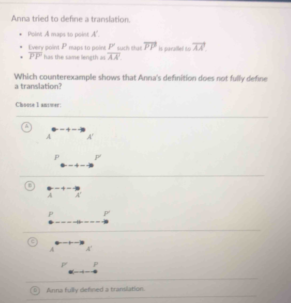 Solved: Anna tried to define a translation. Point A maps to point A ...