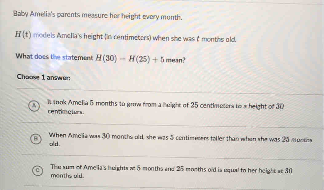 Baby Amelia's parents measure her height every month.
H(t) models Amelia's height (in centimeters) when she was t months old.
What does the statement H(30)=H(25)+5 mean?
Choose 1 answer:
It took Amelia 5 months to grow from a height of 25 centimeters to a height of 30
centimeters.
When Amelia was 30 months old, she was 5 centimeters taller than when she was 25 months
old.
The sum of Amelia's heights at 5 months and 25 months old is equal to her height at 30
months old.