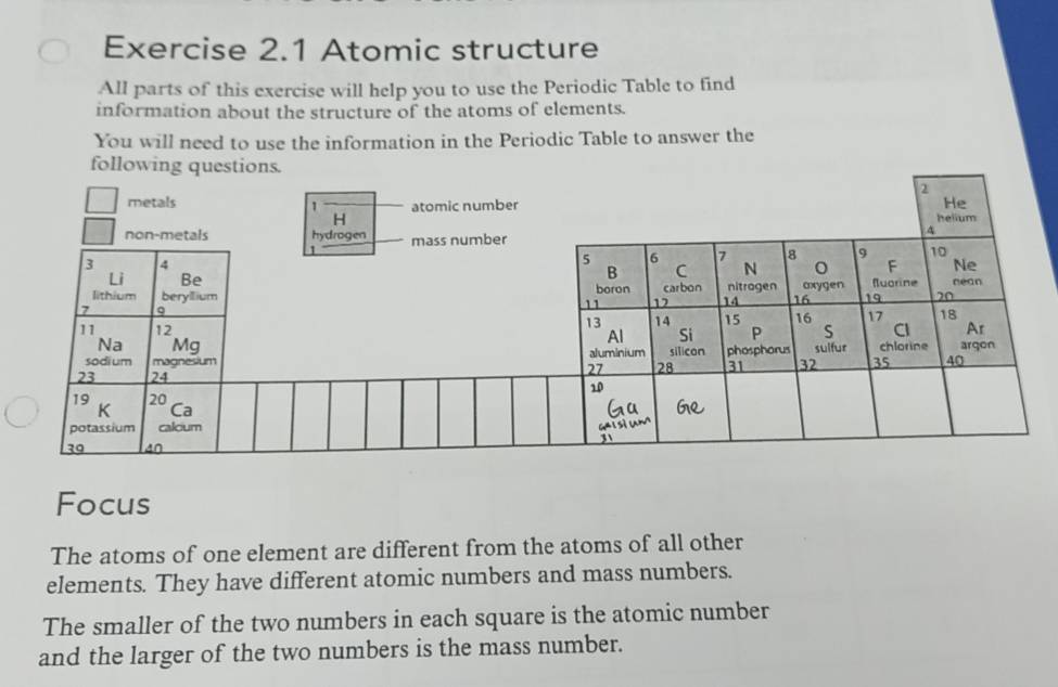 Atomic structure 
All parts of this exercise will help you to use the Periodic Table to find 
information about the structure of the atoms of elements. 
You will need to use the information in the Periodic Table to answer the 
Focus 
The atoms of one element are different from the atoms of all other 
elements. They have different atomic numbers and mass numbers. 
The smaller of the two numbers in each square is the atomic number 
and the larger of the two numbers is the mass number.