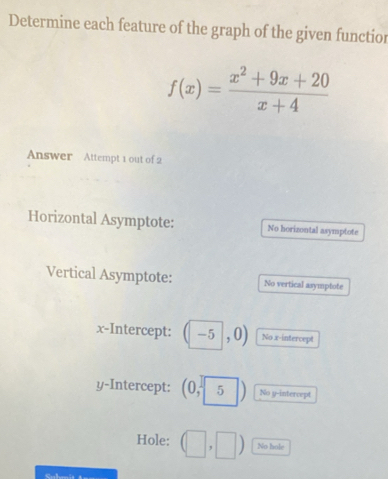 Determine each feature of the graph of the given functior
f(x)= (x^2+9x+20)/x+4 
Answer Attempt 1 out of 2 
Horizontal Asymptote: No horizontal asymptote 
Vertical Asymptote: No vertical asymptote 
x-Intercept: (-5,0) No x-intercept 
y-Intercept: (0,5) No y-intercept 
Hole: (□ ,□ ) No hole