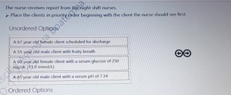 The nurse receives report from the night shift nurses.
Place the clients in priority order beginning with the client the nurse should see first.
Unordered Options
A 67 year old female client scheduled for discharge
A 55-year old male client with fruity breath
A 60 year old female client with a serum glucose of 250
mg/dL (13.9 mmol/L)
A 45 year old male client with a serum pH of 7.34
Ordered Options