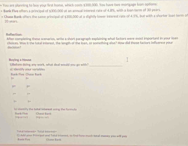 You are planning to buy your first home, which costs $300,000. You have two mortgage loan options: 
Bank Five offers a principal of $300,000 at an annual interest rate of 4.8%, with a loan term of 30 years. 
Chase Bank offers the same principal of $300,000 at a slightly lower interest rate of 4.5%, but with a shorter loan term of
20 years. 
Reflection: 
After completing these scenarios, write a short paragraph explaining what factors were most important in your loan 
choices. Was it the total interest, the length of the loan, or something else? How did those factors influence your 
decision? 
Buying a House 
1)Before doing any work, what deal would you go with?_ 
a) Identify your variables 
Bank Five Chase Bank
I= l=
p= P°
r= r=
t= t=
b) identily the total Interest using the formula 
Bark Five Chase Bank
1=p xrxt lep* r* t
Total Interest= Total Inserest= 
C) Add your Principal and Total Interest, to find how much total money you will pay 
Bank Five Chase Bank