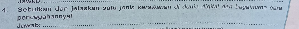 Jawab_ 
4. Sebutkan dan jelaskan satu jenis kerawanan di dunia digital dan bagaimana cara 
_ 
pencegahannya! 
Jawab: