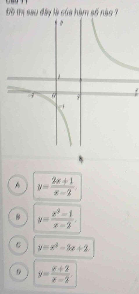 Đồ thị sau đây là của hàm số nào ?
y= (2x+1)/x-2 ,
B y= (x^2-1)/x-2 ,
C y=x^2-3x+2.
D y= (x+2)/x-2 ,