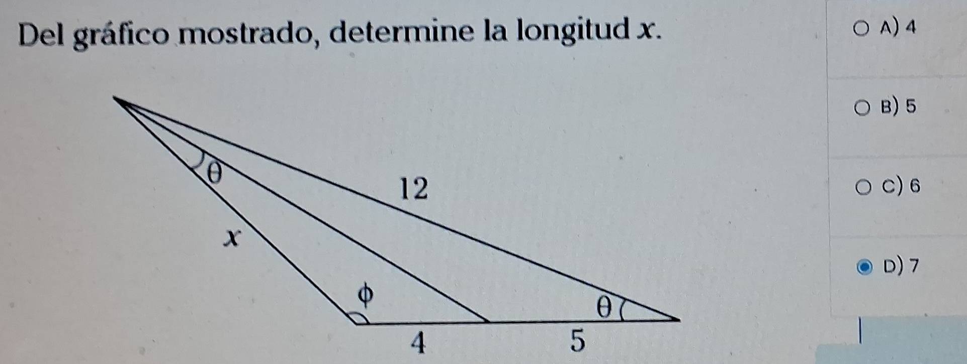 Del gráfico mostrado, determine la longitud x. A) 4
B) 5
C) 6
D) 7