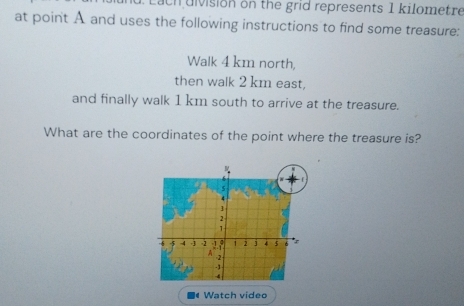 ach división on the grid represents 1 kilometre
at point A and uses the following instructions to find some treasure: 
Walk 4 km north, 
then walk 2 km east, 
and finally walk 1 km south to arrive at the treasure. 
What are the coordinates of the point where the treasure is?
5
1
2
1
T -4 -2 º 1 2 j 5 6
2
-3
4
Watch video