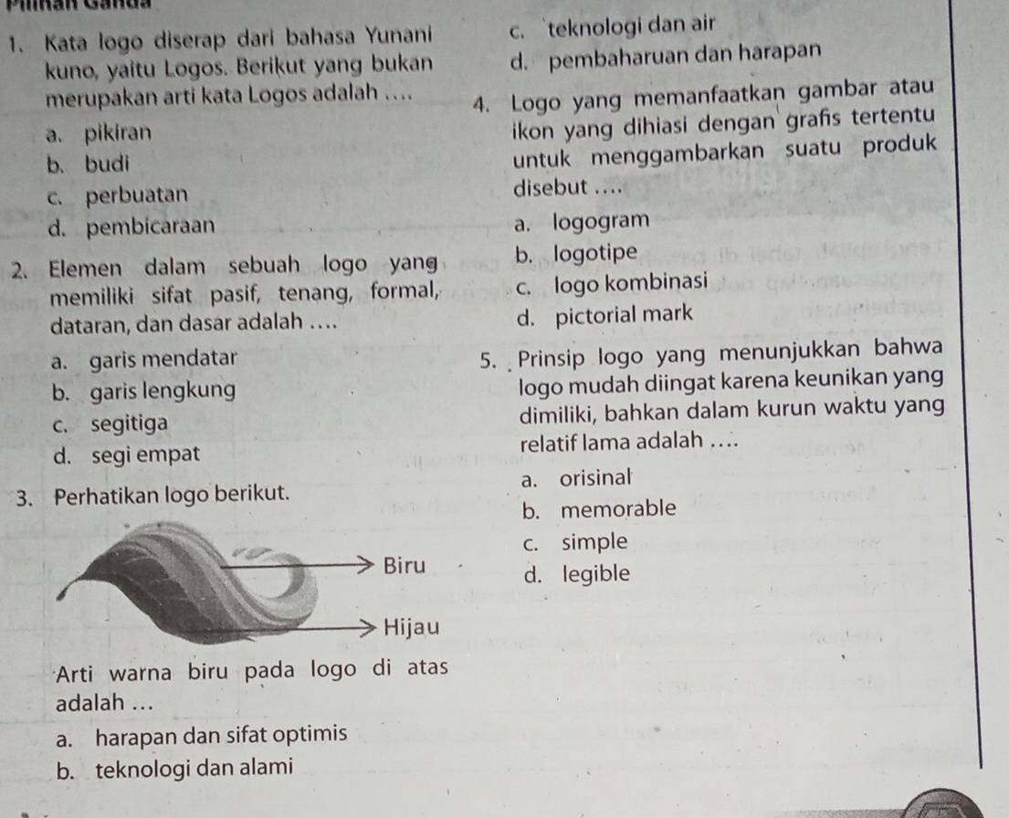 Pían Ganda
1. Kata logo diserap dari bahasa Yunani c. teknologi dan air
kuno, yaitu Logos. Berikut yang bukan d. pembaharuan dan harapan
merupakan arti kata Logos adalah ....
4. Logo yang memanfaatkan gambar atau
a. pikiran
ikon yang dihiasi dengan grafs tertentu
b. budi
untuk menggambarkan suatu produk
c. perbuatan disebut ....
d. pembicaraan a. logogram
2. Elemen dalam sebuah logo yan b. logotipe
memiliki sifat pasif, tenang, formal, c. logo kombinasi
dataran, dan dasar adalah …. d. pictorial mark
a. garis mendatar
5. Prinsip logo yang menunjukkan bahwa
b. garis lengkung logo mudah diingat karena keunikan yang
c. segitiga dimiliki, bahkan dalam kurun waktu yang
d. segi empat relatif lama adalah …
3. Perhatikan logo berikut. a. orisinal
b. memorable
c. simple
d. legible
*Arti warna biru pada logo di atas
adalah ...
a. harapan dan sifat optimis
b. teknologi dan alami