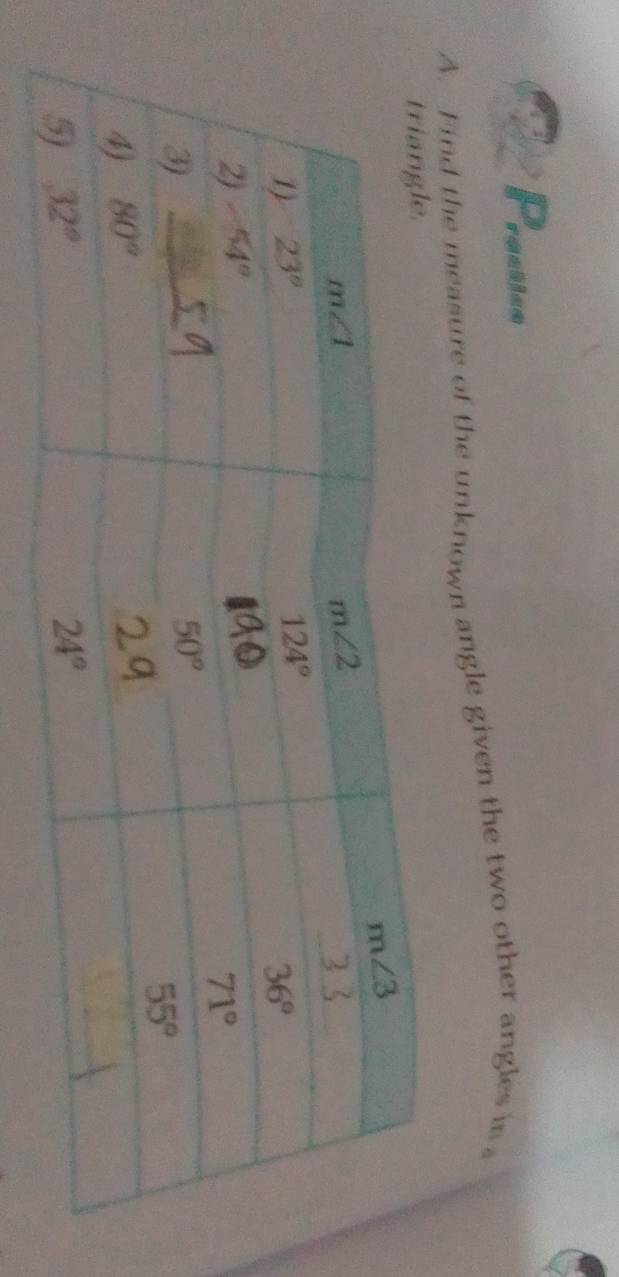 reatice
A. Find the measure of the unknown angle given the two other angles in