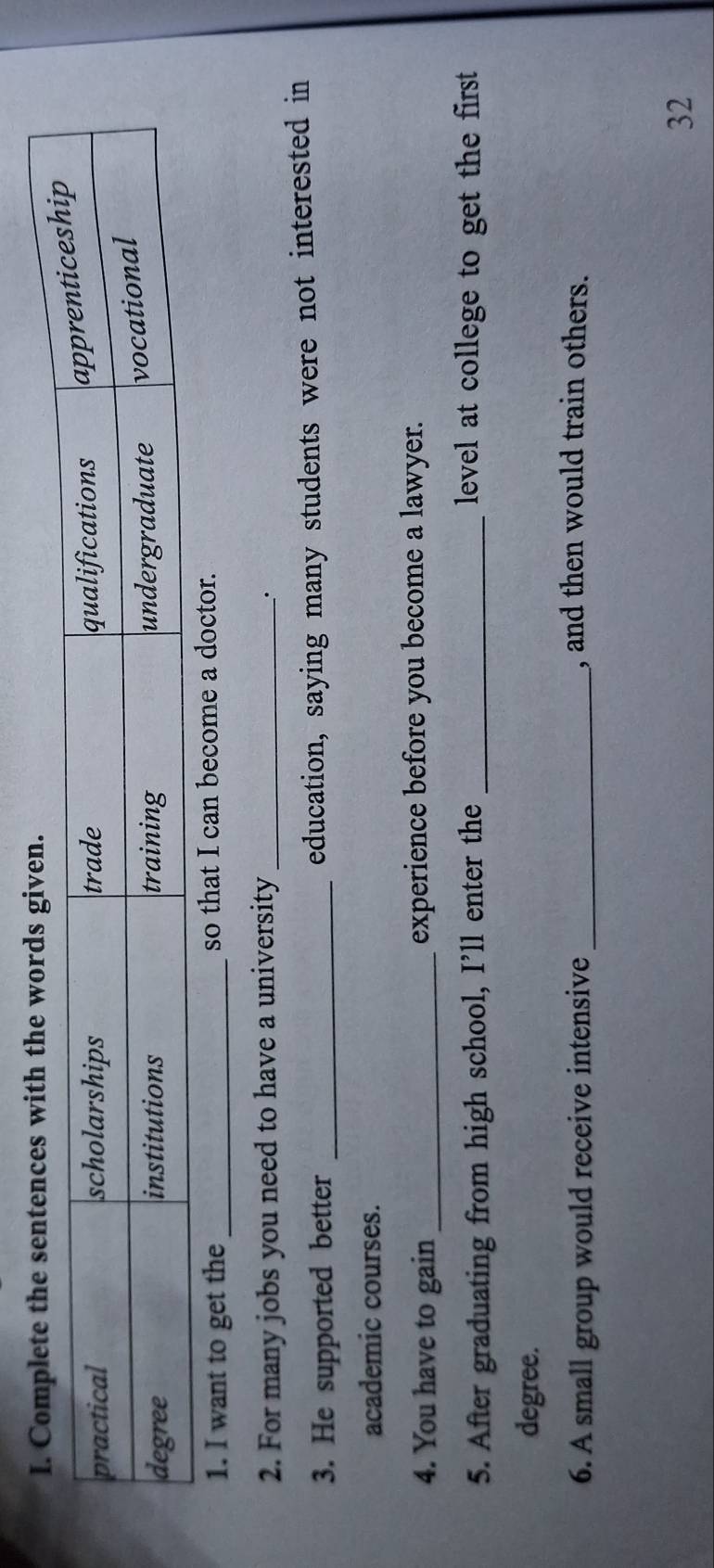 Complete the sentences with the words given. 
1. I want to get the _so that I can become a doctor. 
2. For many jobs you need to have a university_ 
. 
3. He supported better _education, saying many students were not interested in 
academic courses. 
4. You have to gain_ experience before you become a lawyer. 
5. After graduating from high school, I’ll enter the _level at college to get the first 
degree. 
6. A small group would receive intensive_ 
, and then would train others. 
32