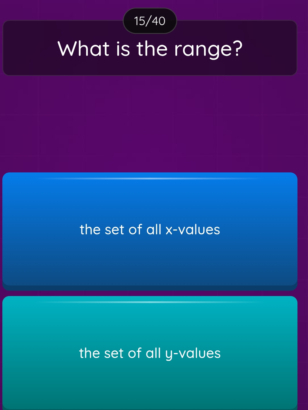 15/40
What is the range?
the set of all x -values
the set of all y -values