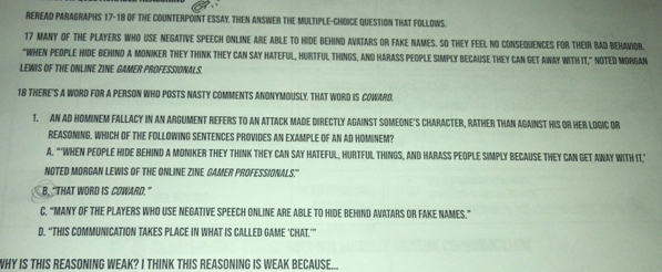 Gelöst:REREAD PARAGRAPHS 17-18 OF THE COUNTERPOINT ESSAY. THEN ANSWER ...