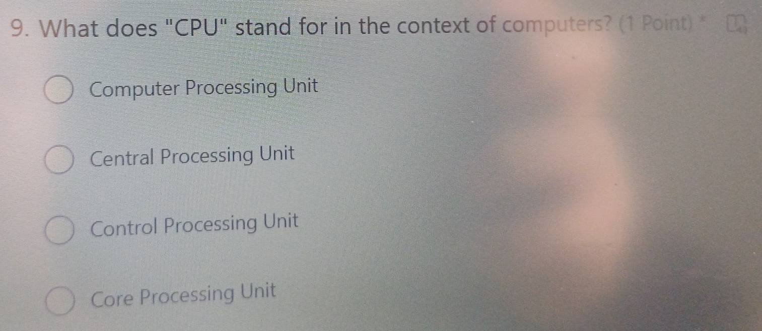 Solved: What does "CPU" stand for in the context of computers? (1 Point ...