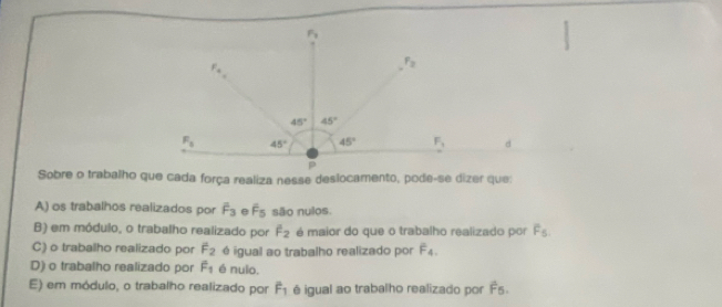 Sobre o trabalho que cada força realiza nesse deslocamento, pode-se dizer que:
A) os trabalhos realizados por hat F_3 e F_5 são nulos.
B) em módulo, o trabalho realizado por f_2 é maior do que o trabalho realizado por F_5.
C) o trabalho realizado por overline F_2 é igual ao trabalho realizado por F_4.
D) o trabalho realizado por vector F_1 é nulo.
E) em módulo, o trabalho realizado por hat F_1 é igual ao trabalho realizado por hat F_5.