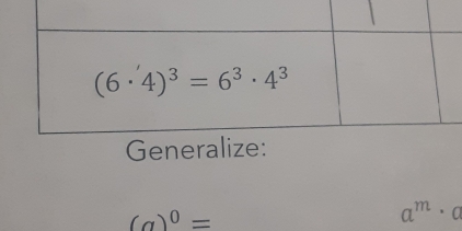 (6· 4)^3=6^3· 4^3
Generalize:
(a)^0=
a^m· 0