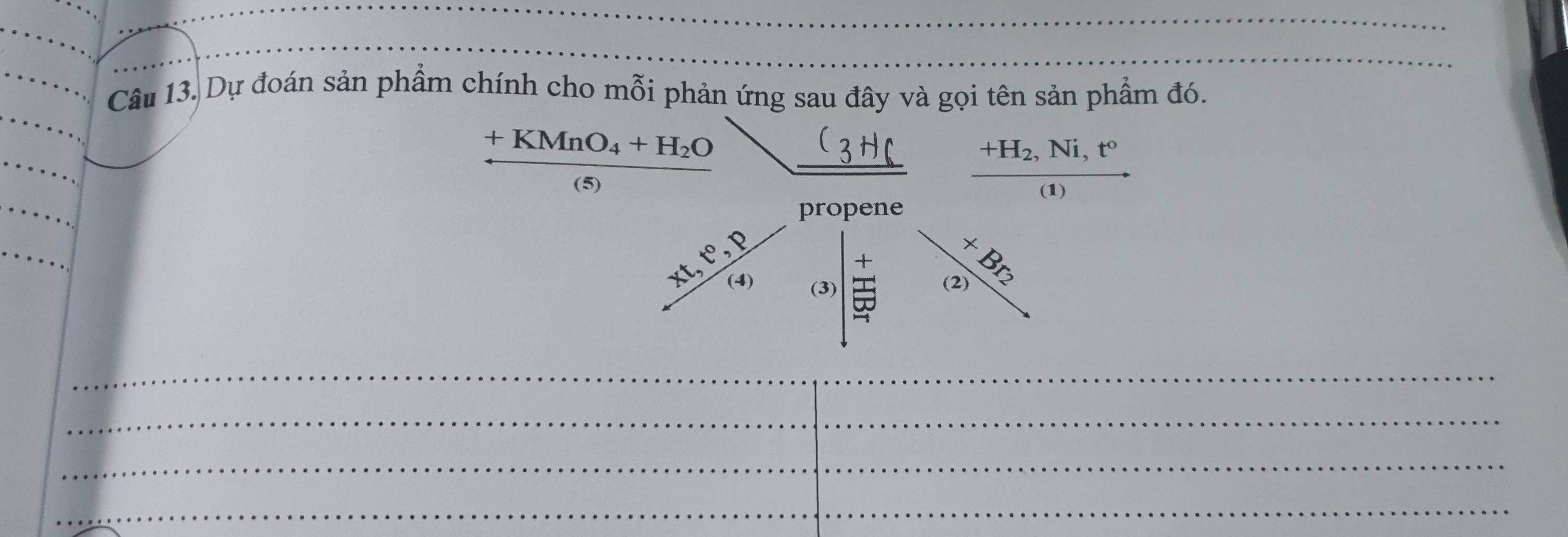 Dự đoán sản phẩm chính cho mỗi phản ứng sau đây và gọi tên sản phẩm đó.
+KMnO_4+H_2O
( 
_  
(5)
frac +H_2,Ni,t°(1)
propene
 x^6· p/(4)  beginarrayr +  (+)/cos   endarray beginarrayr x 2endarray
(3) 
_ 
_ 
_ 
_