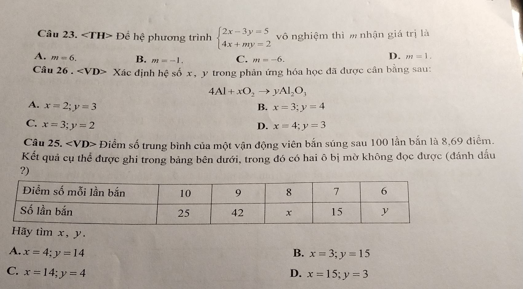 ∠ TH> Để hệ phương trình beginarrayl 2x-3y=5 4x+my=2endarray. vô nghiệm thì m nhận giá trị là
A. m=6. D. m=1.
B. m=-1. C. m=-6. 
Câu 26 . Xác định hệ số x, y trong phản ứng hóa học đã được cân bằng sau:
4Al+xO_2to yAl_2O_3
A. x=2; y=3 B. x=3; y=4
C. x=3; y=2 D. x=4; y=3
Câu 25. Điểm số trung bình của một vận động viên bắn súng sau 100 lần bắn là 8, 69 điểm.
Kết quả cụ thể được ghi trong bảng bên dưới, trong đó có hai ô bị mờ không đọc được (đánh dấu
?)
Hãy tìm x, y.
A. x=4; y=14 B. x=3; y=15
C. x=14; y=4 D. x=15; y=3