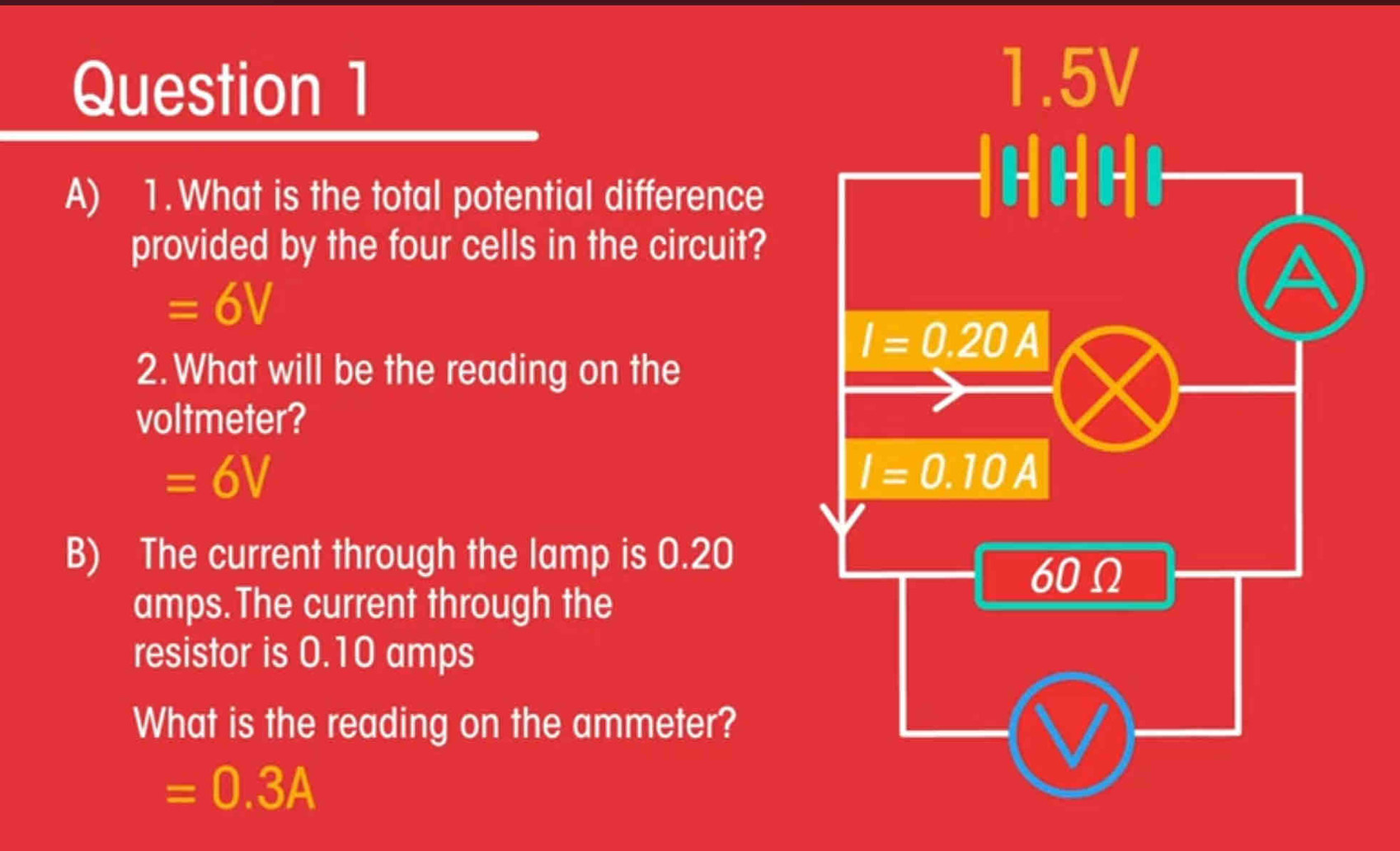 What is the total potential difference
provided by the four cells in the circuit?
=6V
2. What will be the reading on the
voltmeter?
=6V
B) The current through the lamp is 0.20
amps.The current through the
resistor is 0.10 amps
What is the reading on the ammeter?
=0.3A