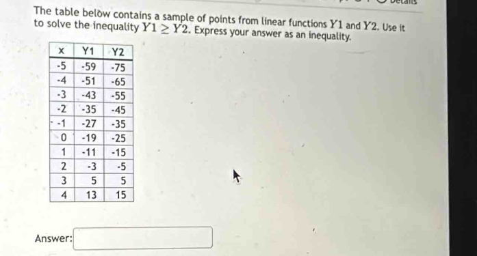 The table below contains a sample of points from linear functions Y1 and Y2. Use it 
to solve the inequality Y1≥ Y2. Express your answer as an inequality. 
Answer: □