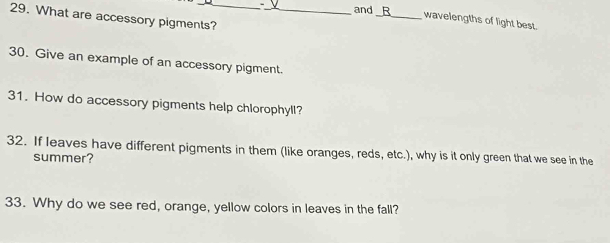 What are accessory pigments?__ 
and_ R_ wavelengths of light best. 
30. Give an example of an accessory pigment. 
31. How do accessory pigments help chlorophyll? 
32. If leaves have different pigments in them (like oranges, reds, etc.), why is it only green that we see in the 
summer? 
33. Why do we see red, orange, yellow colors in leaves in the fall?