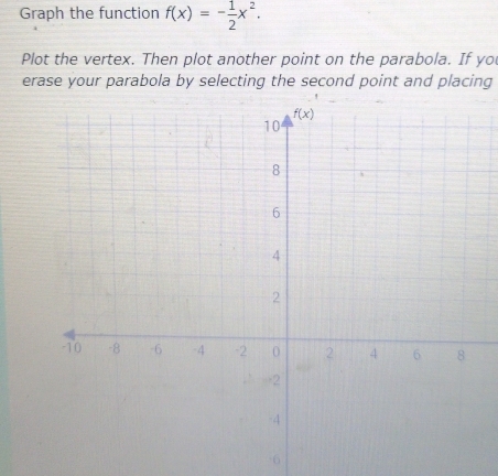 Graph the function f(x)=- 1/2 x^2.
Plot the vertex. Then plot another point on the parabola. If yo
erase your parabola by selecting the second point and placing
6