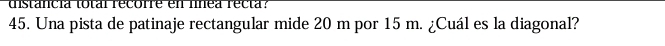 distancia total recorre en lnea recta? 
45. Una pista de patinaje rectangular mide 20 m por 15 m. ¿Cuál es la diagonal?