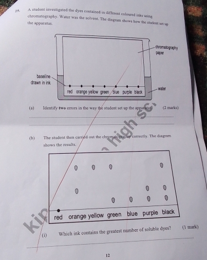 A student investigated the dyes contained in different coloured inks wing 
chromatography. Water was the solvent. The diagram shows how the student set up 
the apparatas. 
(a) Identify two errors in the way the student set up the apparatus. (2 marias) 
_ 
_ 
(b) The student then carried out the chromato graphy correctly. The diagram 
shows the results. 
_ 
(i) Which ink contains the greatest number of soluble dyes? (1 mark) 
12