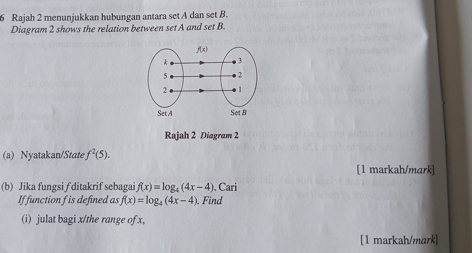 Rajah 2 menunjukkan hubungan antara set A dan set B.
Diagram 2 shows the relation between set A and set B.
Rajah 2 Diagram 2
(a) Nyatakan/State f^2(5).
[1 markah/mark]
(b) Jika fungsi f ditakrif sebagai f(x)=log _4(4x-4). Cari
If function f is defined as f(x)=log _4(4x-4). Find
(i) julat bagi x/the range of x,
[1 markah/mark]