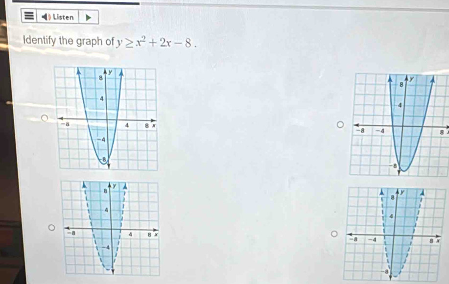 Listen 
Identify the graph of y≥ x^2+2x-8. 
8