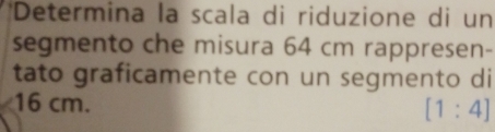 'Determina la scala di riduzione di un 
segmento che misura 64 cm rappresen- 
tato graficamente con un segmento di
16 cm.
[1:4]