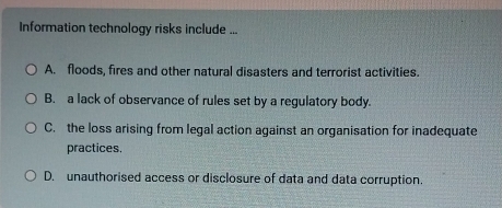 Solved: Information technology risks include ... A. floods, fires and ...