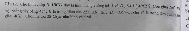 Cho hình chóp S. ABCD đáy là hình thang vuông tại A và D , SA ⊥(. ABCD). Góc giữa SB và a) 
b) 
mặt phẳng đáy bằng 45° , E là trung điểm của SD , AB=2a, AD=DC=a. Gọi G là trọng tâm của tam 
giác ACE. Chọn hệ tọa độ Oxyz như hình vẽ dưới. 
c)
C