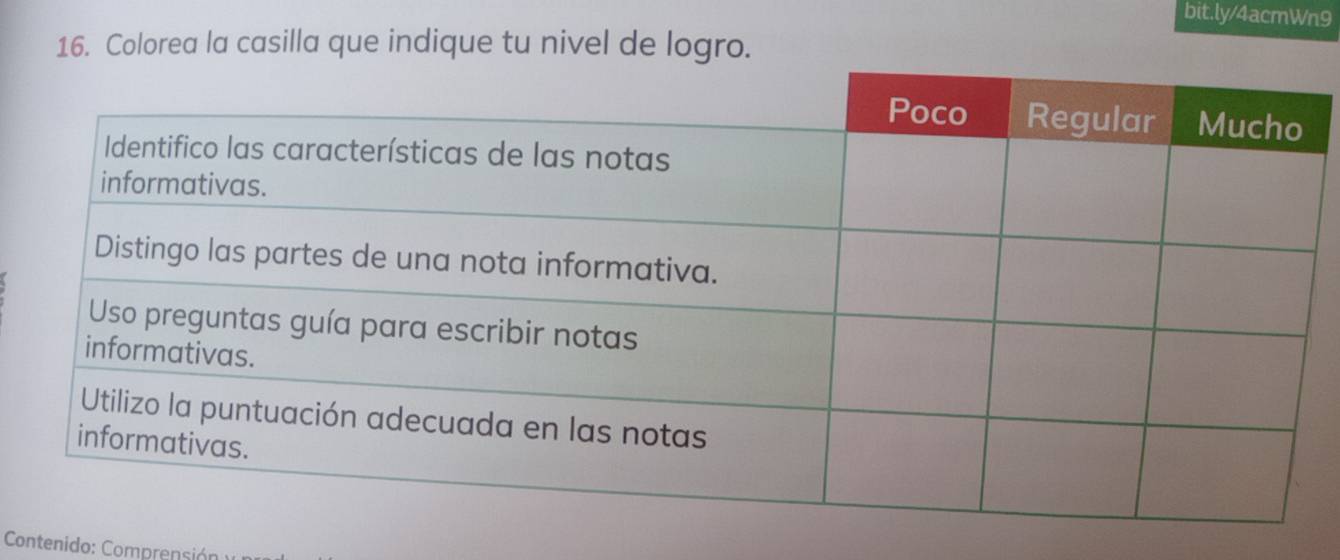 Colorea la casilla que indique tu nivel de logro. 
Contenido: Comprensión