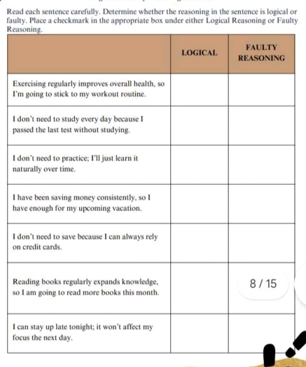 Read each sentence carefully. Determine whether the reasoning in the sentence is logical or 
faulty. Place a checkmark in the appropriate box under either Logical Reasoning or Faulty 
Rea 
E 
I' 
I 
p 
I 
na 
I 
h 
I 
on 
R 
so 
I 
fo