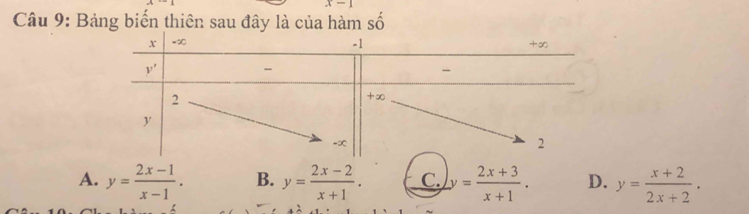 x-1
Câu 9: Bảng biến thiên sau đây là của hàm số
A. y= (2x-1)/x-1 . B. y= (2x-2)/x+1 . C. y= (2x+3)/x+1 . D. y= (x+2)/2x+2 .