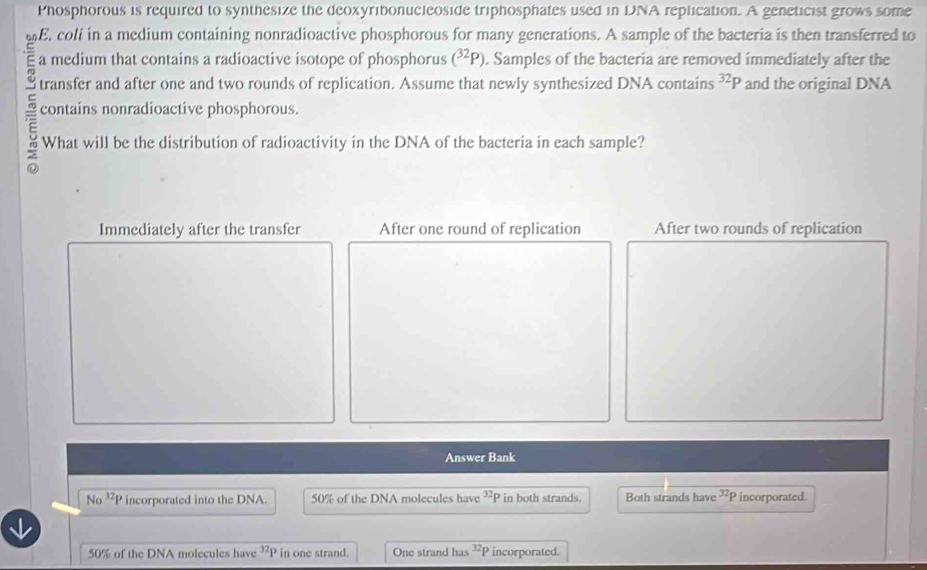 Phosphorous is required to synthesize the deoxyribonucleoside triphosphates used in DNA replication. A geneticist grows some
h f E. coli in a medium containing nonradioactive phosphorous for many generations. A sample of the bacteria is then transferred to
a medium that contains a radioactive isotope of phosphorus (^32P). Samples of the bacteria are removed immediately after the
transfer and after one and two rounds of replication. Assume that newly synthesized DNA contains ³P and the original DNA
5 contains nonradioactive phosphorous.
What will be the distribution of radioactivity in the DNA of the bacteria in each sample?
Immediately after the transfer After one round of replication After two rounds of replication
Answer Bank
No^(32)P incorporated into the DNA. 50% of the DNA molecules have^(32)p in both strands. Both strands have^(32)p incorporated.
50% of the DNA molecules have^(32)p in one strand. One strand has^(32)P incorporated.