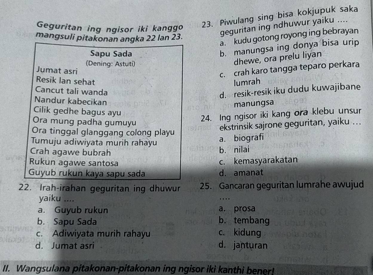 Geguritan ing ngisor iki kanggo
23. Piwulang sing bisa kokjupuk saka
a. kudu gotong royong ing bebrayan
mangsuli pitakonan angka 22 lan 23.
geguritan ing ndhuwur yaiku ....
Sapu Sada
b. manungsa ing donya bisa urip
(Dening: Astuti)
dhewe, ora prelu liyan
Jumat asri
c. crah karo tangga teparo perkara
Resik Ian sehat lumrah
Cancut tali wanda
d. resik-resik iku dudu kuwajibane
Nandur kabecikan
manungsa
Cilik gedhe bagus ayu
Ora mung padha gumuyu
24. Ing ngisor iki kang ora klebu unsur
Ora tinggal glanggang colong playu
ekstrinsik sajrone geguritan, yaiku ...
Tumuju adiwiyata murih rahayu
a. biografi
Crah agawe bubrah
b. nilai
Rukun agawe santosa
c. kemasyarakatan
Guyub rukun kaya sapu sada d. amanat
22. Irah-irahan geguritan ing dhuwur 25. Gancaran geguritan lumrahe awujud
yaiku ....
..
a. Guyub rukun a. prosa
b. Sapu Sada b. tembang
c. Adiwiyata murih rahayu c. kidung
d. Jumat asri d. janturan
II. Wangsulana pitakonan-pitakonan ing ngisor iki kanthi bener!