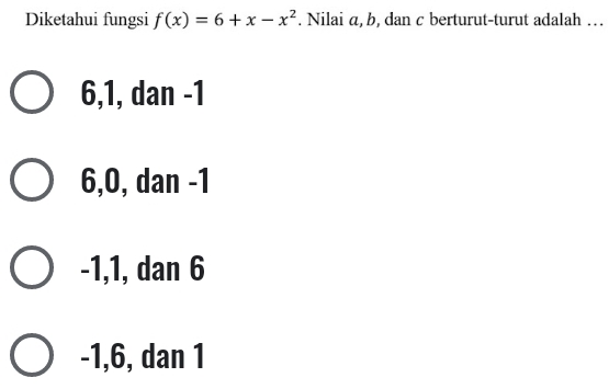 Diketahui fungsi f(x)=6+x-x^2. Nilai a, b, dan c berturut-turut adalah …
6, 1, dan -1
6, 0, dan -1
-1, 1, dan 6
-1, 6, dan 1